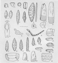 Орудия труда, керамика и предметы искусства эпохи неолита в Ленинградской области. 1-10 – кремневые и сланцевые орудия; 11, 13-15 – украшения и предметы искусства; 12, 16 – изображения уточек на глиняных сосудах