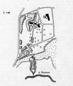 Усадьба Воронина. План:
1. Усадебный дом 2. Дом управляющего 3. Конюшня 4. Оранжерея