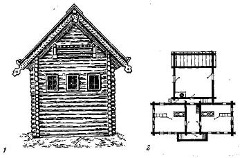 Жилище вепсов. 1 - передний фасад избы; 2 - план дома