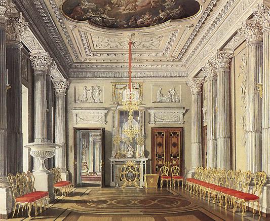 Гатчинский дворец. Мраморная столовая.  Акварель Э. Гау. 1880